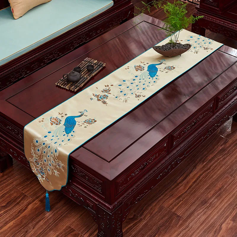 Chinese Style Home Decoration, Peacock Blue Coffee Table Flag Runner, Porch Shoe Cabinet Table Runner, Smooth Soft Table Runner