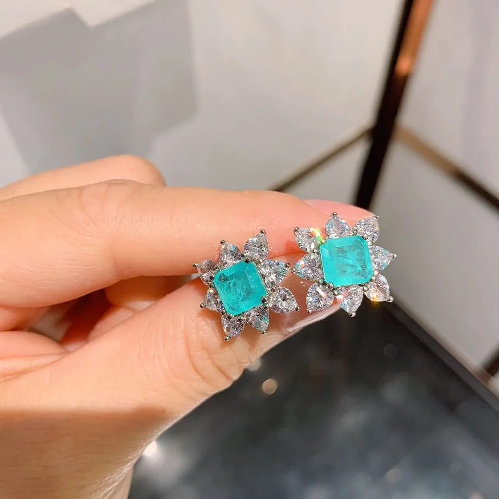 Vintage 7*7MM Paraiba Tourmaline Gemstone Lab Diamond Stud Earrings Gift Fine Jewelry for Women Accessories Statement Wholesale
