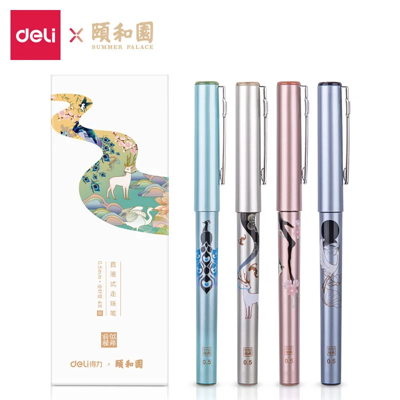 Deli Straight Liquid Gel Pen 0.5MM Rollerball Pen Black Ink S852 Pen 4pcs/pack Summer Place Series Pen For School Office