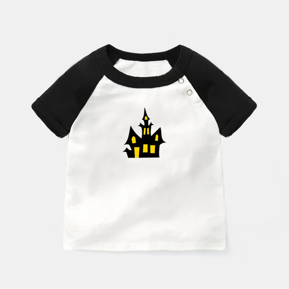 

Cartoon Halloween Castle Design Newborn Baby T-shirts Punk Double Ax Tomahawk Art Graphic Raglan Color Short Sleeve Tee Tops