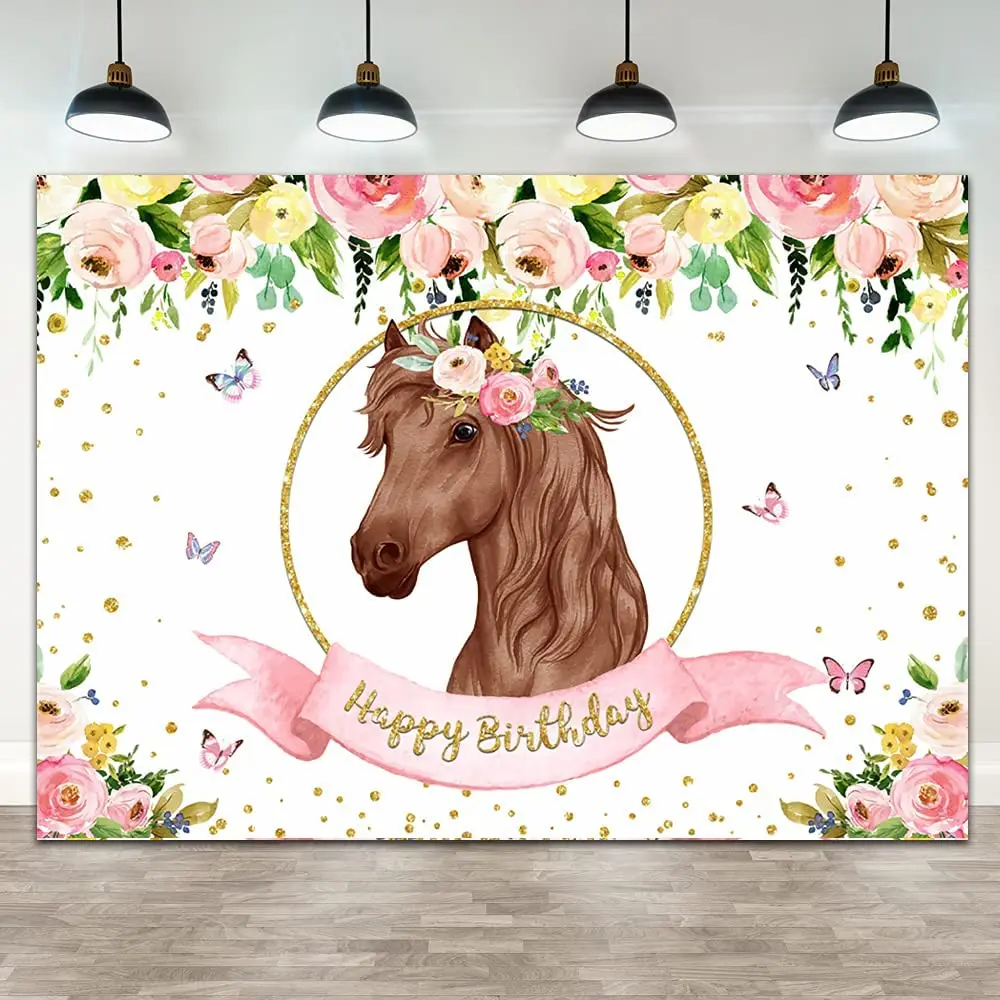 Cowgirl Horse Birthday Backdrop Pink Floral Butterfly Cowgirl Western Horse Photography Background Blush Pink Saddle Up Party