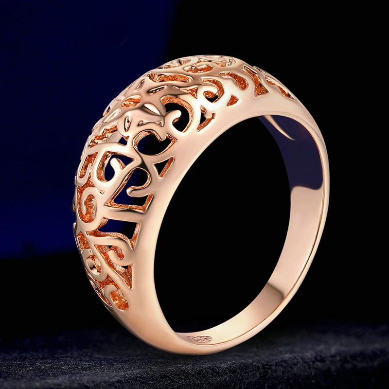 Women\'s Fashion Romantic Rose Gold Color Flower Hollowed Round Engagement Finger Ring Wedding Bands Vintage Jewelry Size 6 - 10