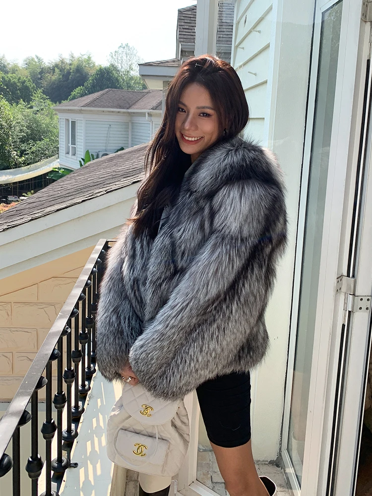 winter new real silver fox fur coats v-neck thick warm natural fur overcoats female genuine whole skin silver fox fur jackets