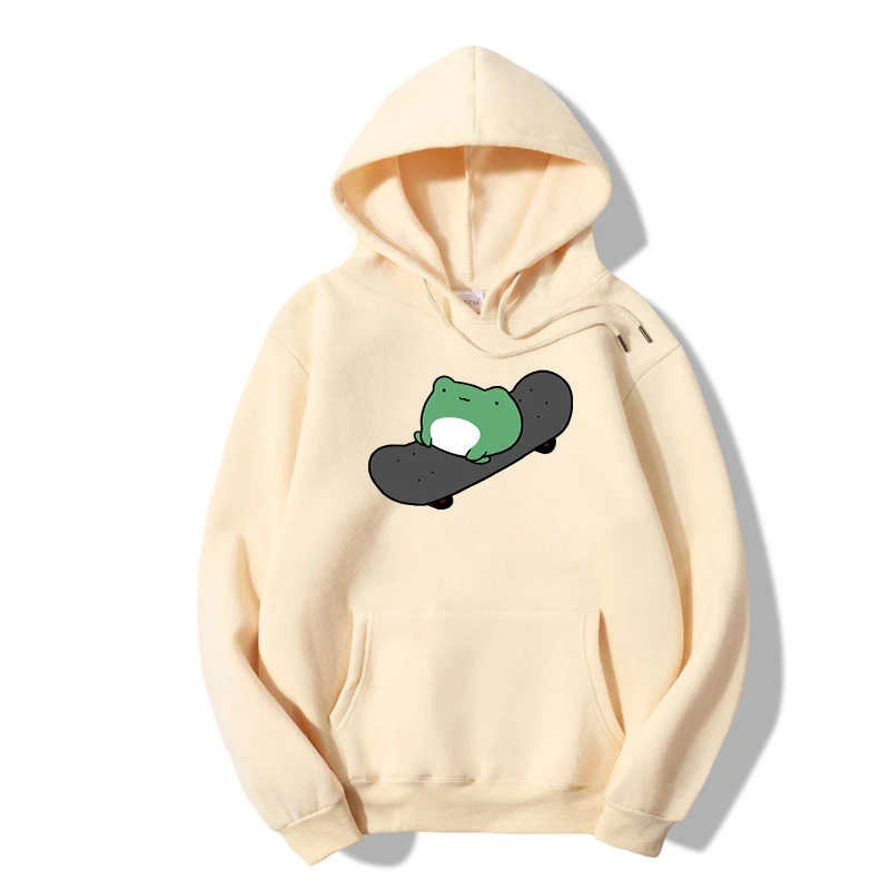 Winter Skateboard Frog Oversized Sweatshirt Men and Women\'s Hoodies Harajuku Warm Pullover Drawstring Pink Womens Korean style