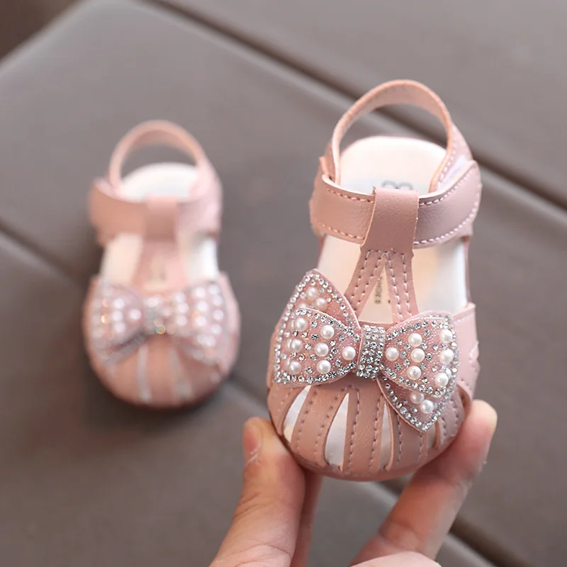 Summer Baby Girls Shoes 2024 New Children Princess Bow Casual Leather Kids Shoes White Pink Breathable Non-slip Sandals B876