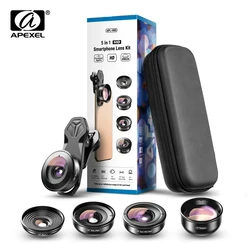 APEXEL-kit profesional 5 en 1 de lente de cámara de teléfono, lente super ojo de pez, telescopio macro ancho 4K HD, para iPhone y Samsung, todos los teléfonos inteligentes