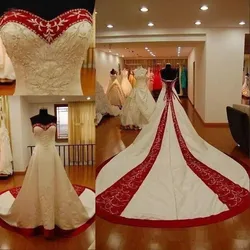 Vintage Red White Corset Wedding Dresses Cathedral Train Strapless Lace Embroidery Church Garden Lace-up Bridal Gown customsized