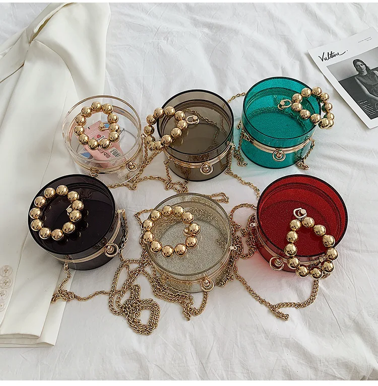 Transparent Acrylic Round Fashion Purses and Handbags for Women Sequin Beaded Shoulder Chain Bag Small Crossbdoy Bag Party Pouch