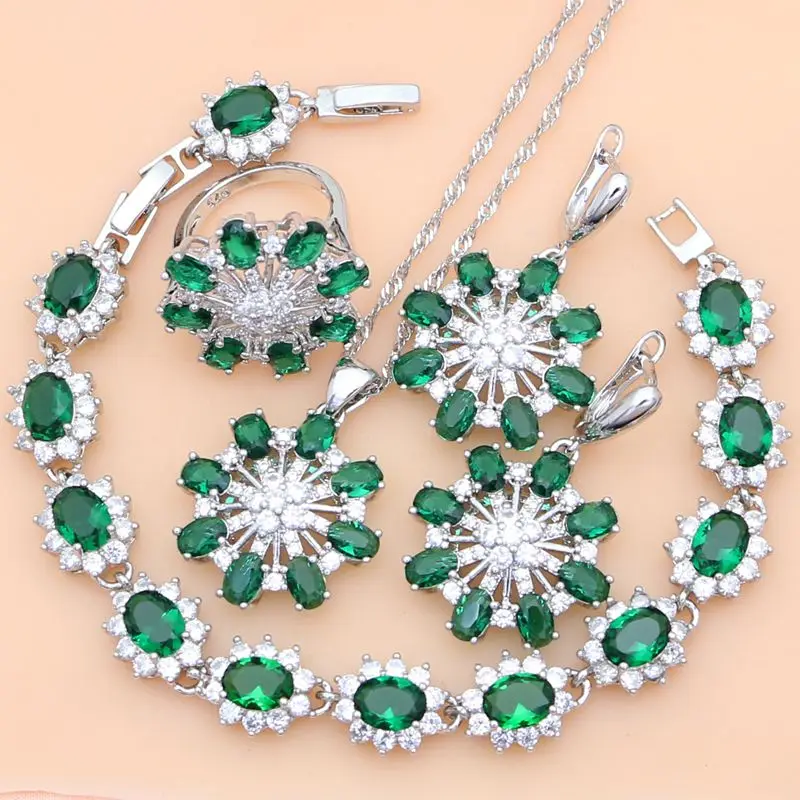 

Elegant Women 925 Sterling Silver Jewelry Sets Green Zircon Wedding Party Plant Jewelry Kits Earrings Bracelet Dropshipping Gift