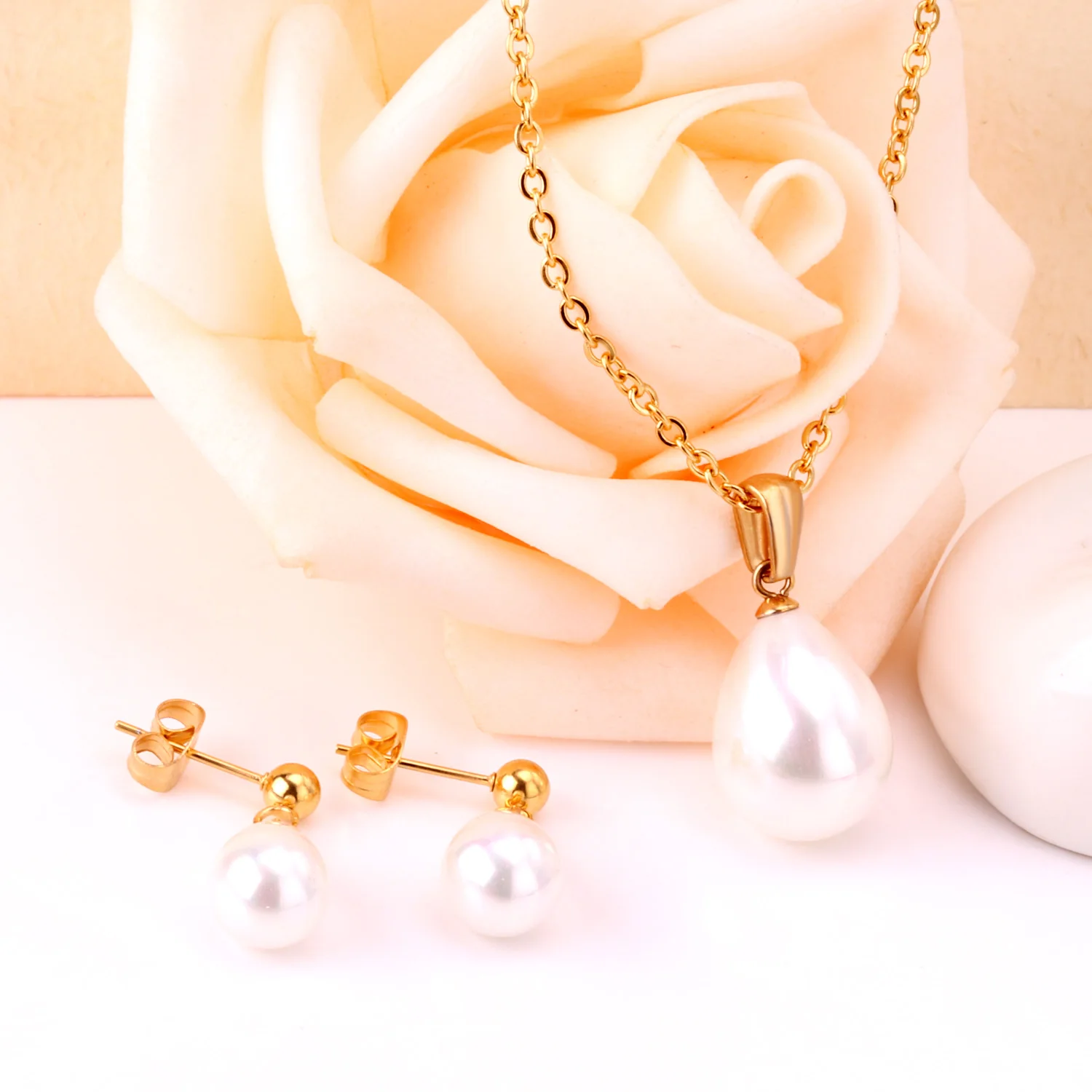 LUXUKISSKIDS Trendy Fake White Pearl collane a catena in acciaio inossidabile Set di orecchini per le donne Set di gioielli indiani parures bijoux