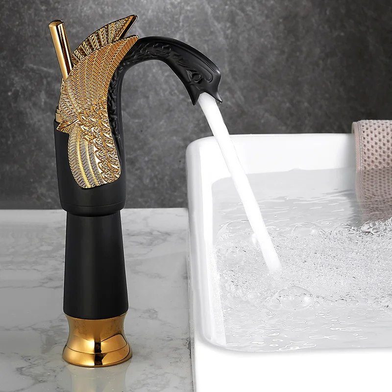 

Bathroom Basin Swan Faucets Brass Sink Mixer Water Tap Hot & Cold Single Handle Deck Mounted Lavatory Crane Vessel Gold & Black