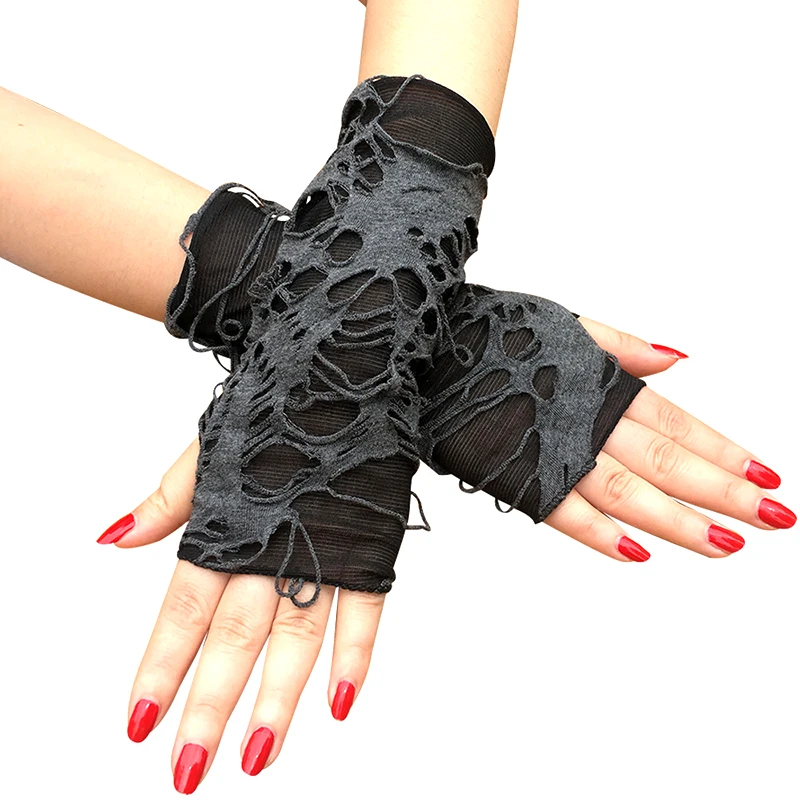 Black Ripped Holes Fingerless Gloves Gothic Punk Halloween Cosplay Party Dress Up Accessories Shabby-Style Arm Warm Cuff