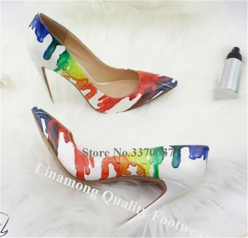 Linamong Desinger Pointed Toe Colorful Ink Printing Stiletto Heel Pumps White Mixed-colors High Heels Dress Shoes Big Size 45