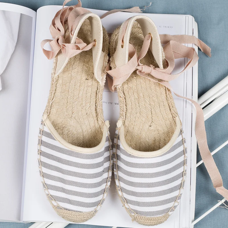 Handmade Sandal 2021 Summer Strappy Heels Female Shoe All-Match Rope Lace Up Girls Comfort Beige Flat Solid Cotton Fabric Fisher