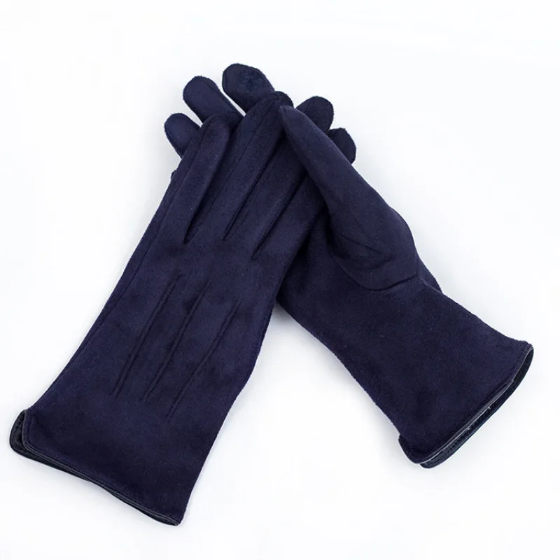 Women Winter Plus Velvet Keep Warm Touch Screen Thicken Stripe Solid Elasticity Suede Gloves Outdoor Sport Cycling Drive Mittens