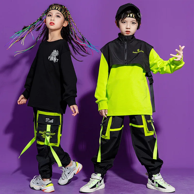 Kid Hip Hop Clothing Sweatshirt Top Streetwear Tactical Cargo Pants Sleeveless Jacket Vest for Girls Boys Dance Costume Clothes