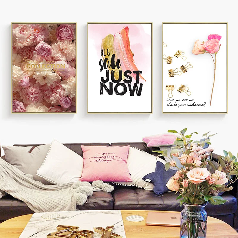 Pink Flower Quote Posters And Prints Wall Art Poster Prints Canvas Painting Nordic Minimalist Home Decoration