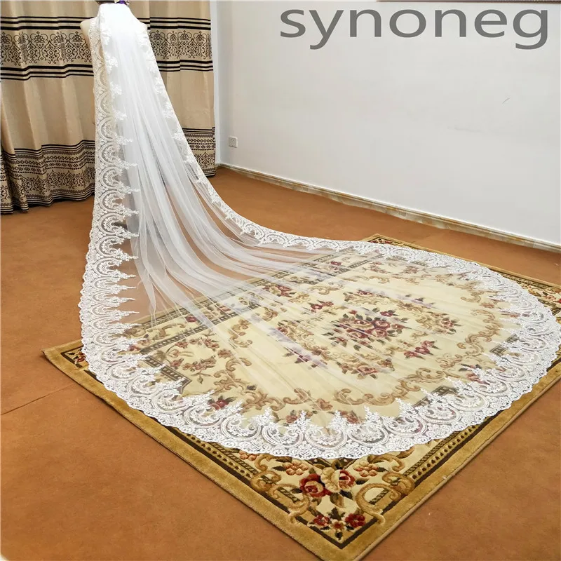 Real Photo 3m One Layer Wedding Veil With Comb White Lace Edge Bridal Veils Ivory Cathedral Wedding Veil 5m