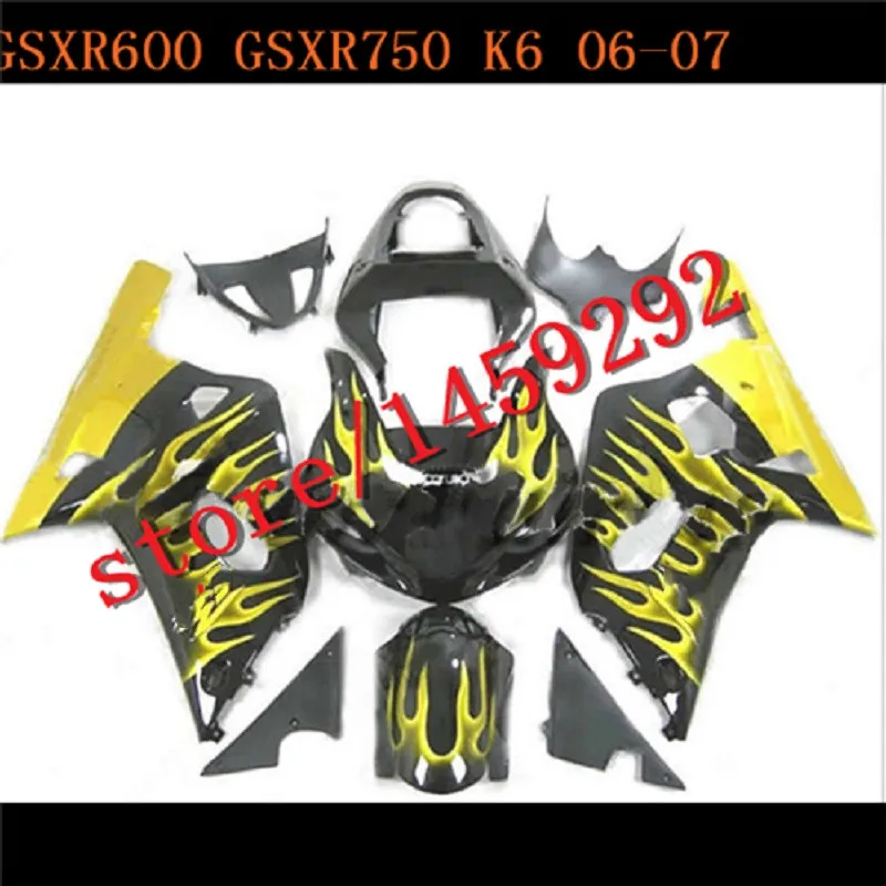 

Motorcycle Fairings Kit Fit For gsxr600/750 2006-2007 GSX600 750 2006 2007 black yellow flames Bodywork Fairing Set