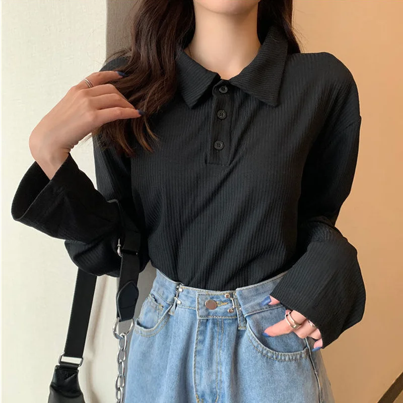 T-shirts Women Simple Korean Preppy Style Maiden Long Sleeve Turn-down Collar Buttons Solid Color Tops Ulzzang Inside Retro Tee