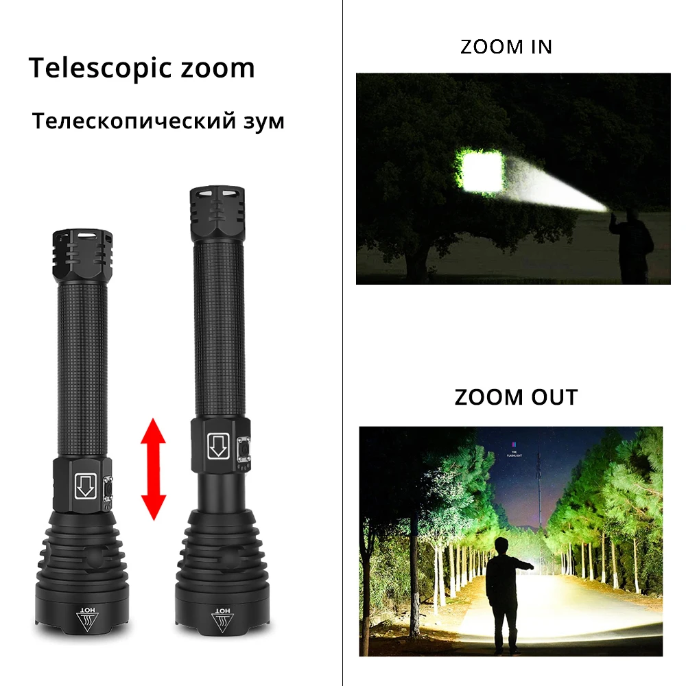 The brightest XHP90 LED Flashlight Tactical waterproof Torch 3 Lighting modes Zoomable Hunting camping lamps By 18650 or 26650