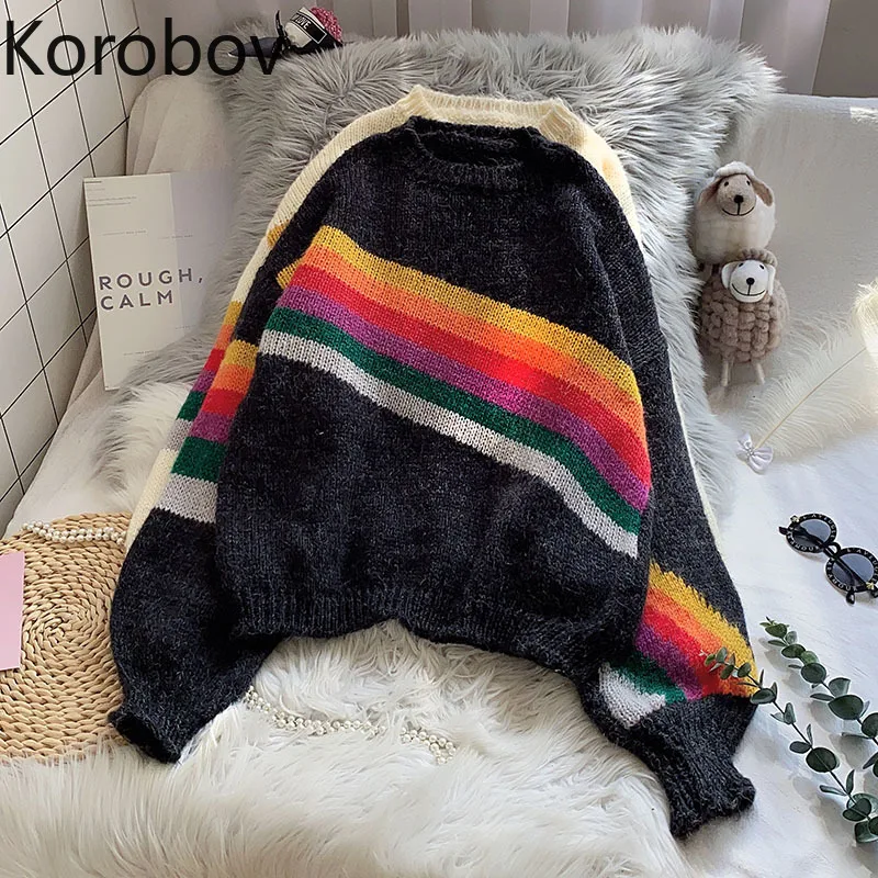 

Korobov 2020 Autumn Winter Women Sweaters Korean Pullovers Sueter Mujer Vintage O Neck Long Sleeve Rainbow Striped Knitwear