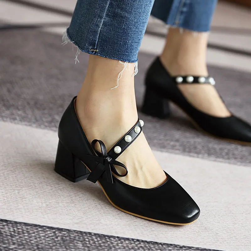 Sgesvier Pumps Women High Heels Bowtie Pumps Round Toe Thick Heel Dress Female Footwear Summer Black Yellow Large Size 48