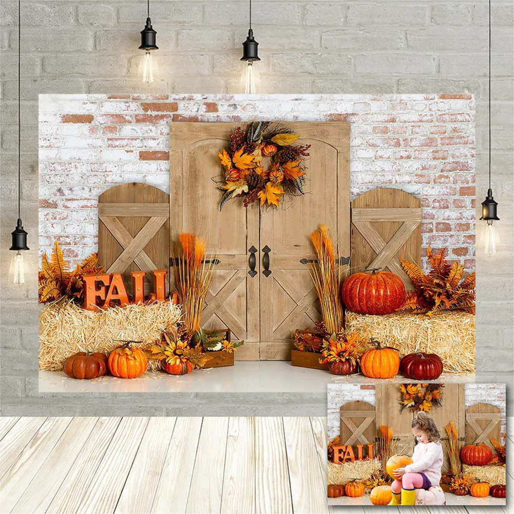 Avezano Fall Pumpkin Background For Photography Brick Wall Wooden Door Haystack Baby Smash Cake Backdrop Photo Studio Photozone