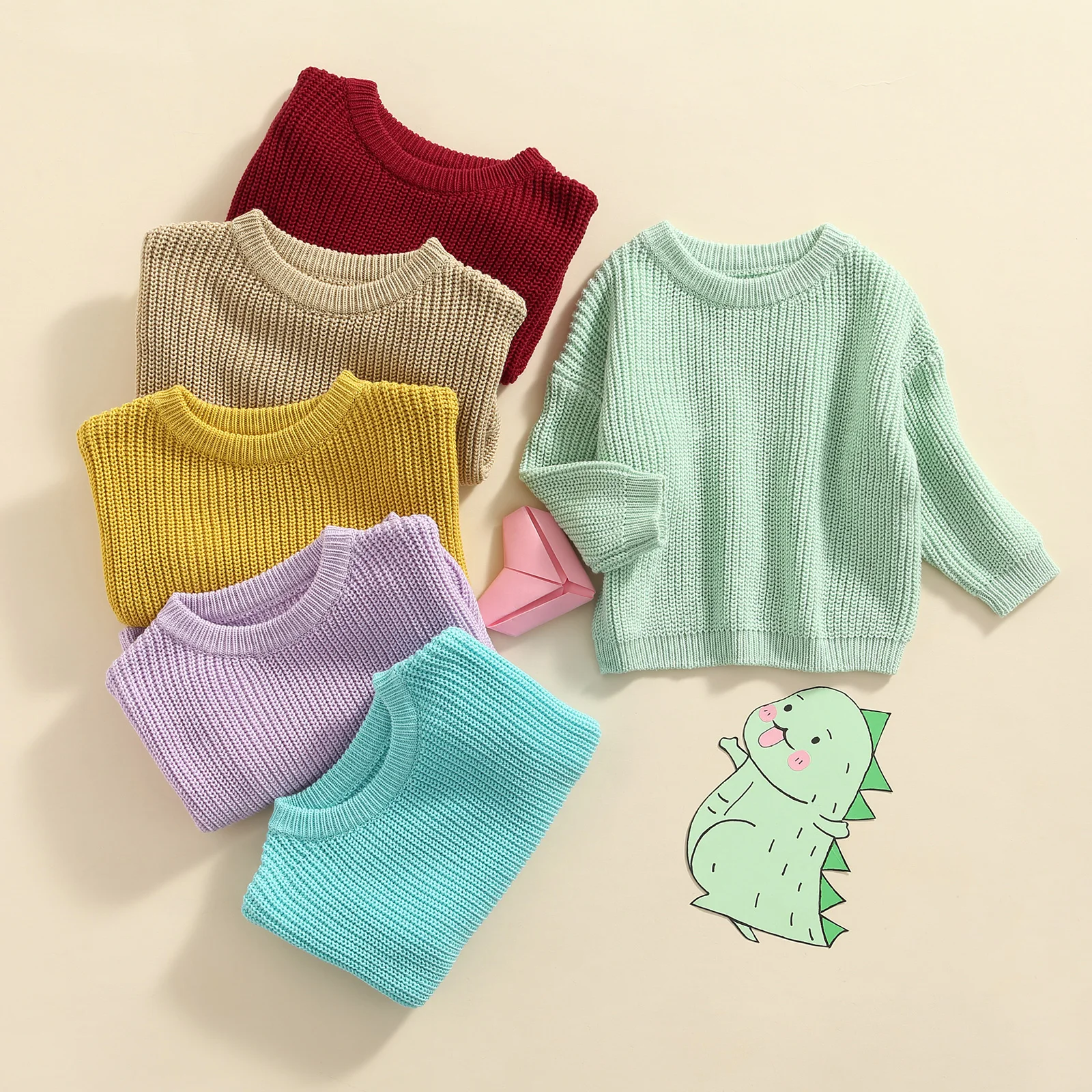 FOCUSNORM 6 Colors Lovely Kids Girls Boys Knitting Sweater Outwear Outfits 0-5Y Candy Solid Color Long Sleeve Pullover Tops