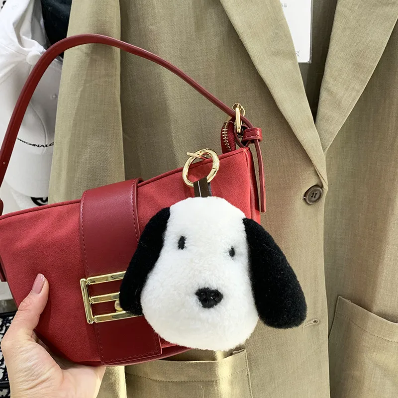 New Fashion Lovely Black white puppy 100% Real Wool Fur keychain For Women Bag car Toy Key Keyring DecorationTrinket Metal ring