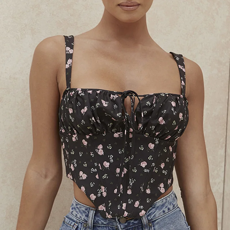 

Fashion Backless Crop Top Womens Floral Sexy Club Tops Casual Vest Ruched Boning Bustier Corset Hollow Up Tie Up Tank Top Summer