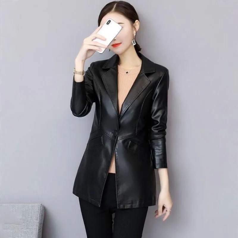 

Spring New Genuine Leather Jacket Women Mid-length Korean Slim Fashion Blazer Coat Suit Collar Sheepskin Female Outwear Tops