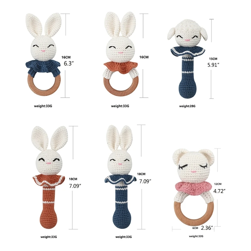 DIY Crochet knitting Bunny Sheep Baby Teether Rattle Wooden Teething Ring Newborn Music Rattle Educational Montessori Toys  Gift