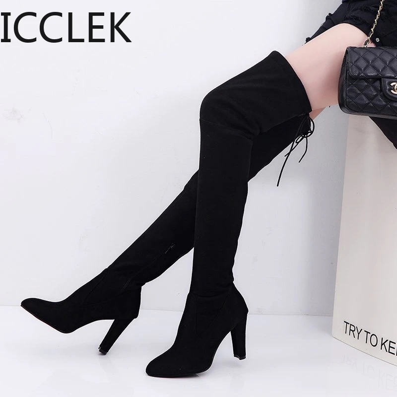 2021 Fashion Stretch Fabric Sock Boots Over-the-Knee Heel Thigh High Pointed Toe Woman Plus Size 35-43 High Heels Boot