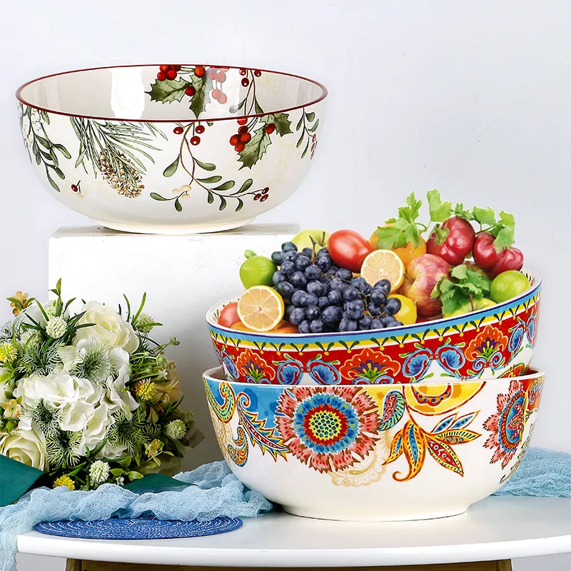 

American soup bowl color painting large bowl underglaze color fruit bowl personality 12 inch salad bowl pastoral style