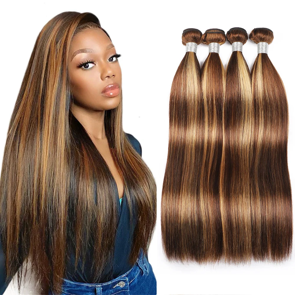 Straight Brazilian Hair Weave Bundles, Destaque Bundles, Remy Hair Extension, Ombre Brown, pré colorido, P4 27, 1 Pc, 3 Pcs, 4Pcs