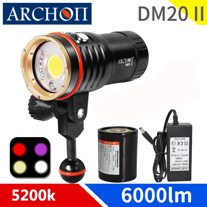 ARCHON DM20 II Diving Flashlight 6000LM HD Video Spotlight Red UV Fill Light Torch Underwater  Dive Lighting Photoraphyt Lamp