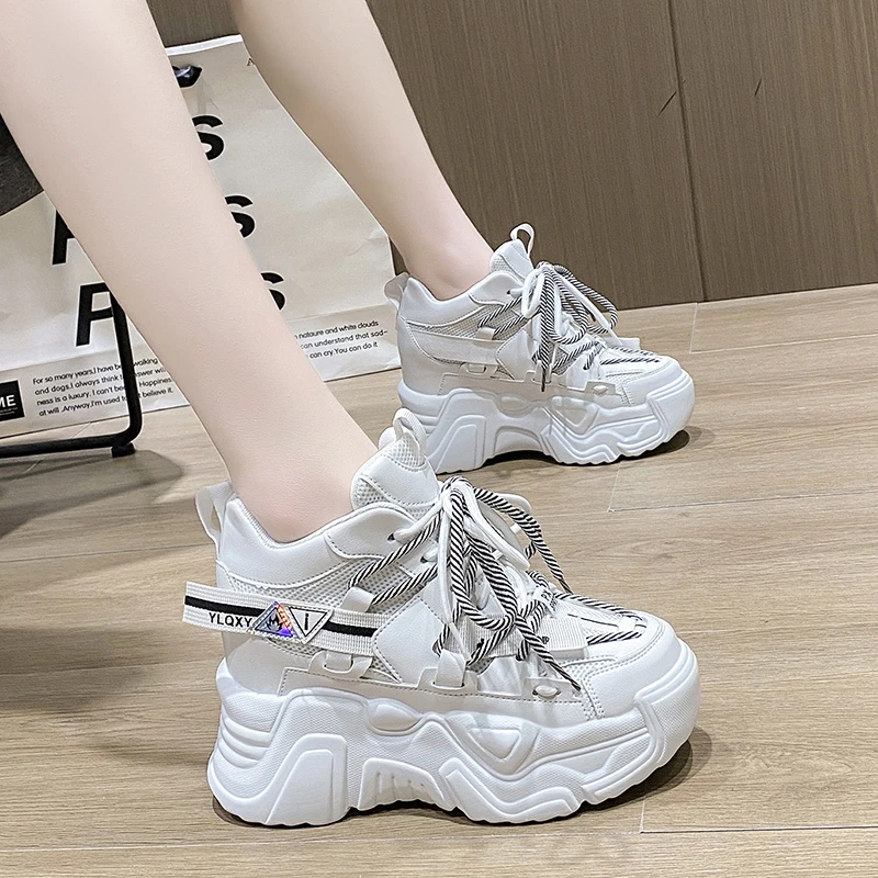 Buty na wysokiej platformie damskie 2022 Chunky Sneakers wiosna projektant gruba podeszwa skórzane sznurowane buty oddychające siatkowe trampki