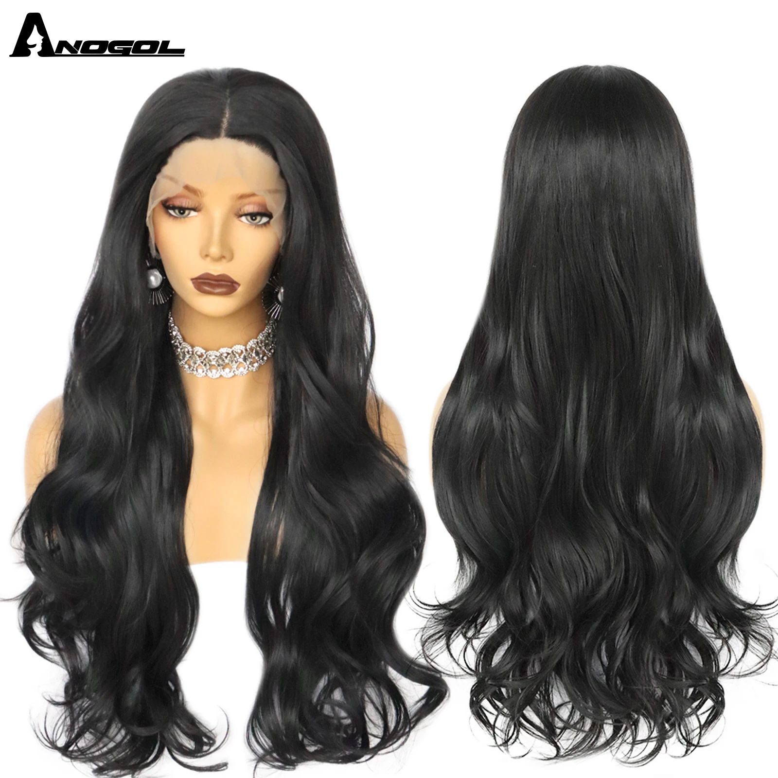 ANOGOL Synthetic 1# Black 13*1 T Part Lace Wigs 32Inch Natural Hairline Glueless Long Wavy Heat Resistant Fiber Wig for Women