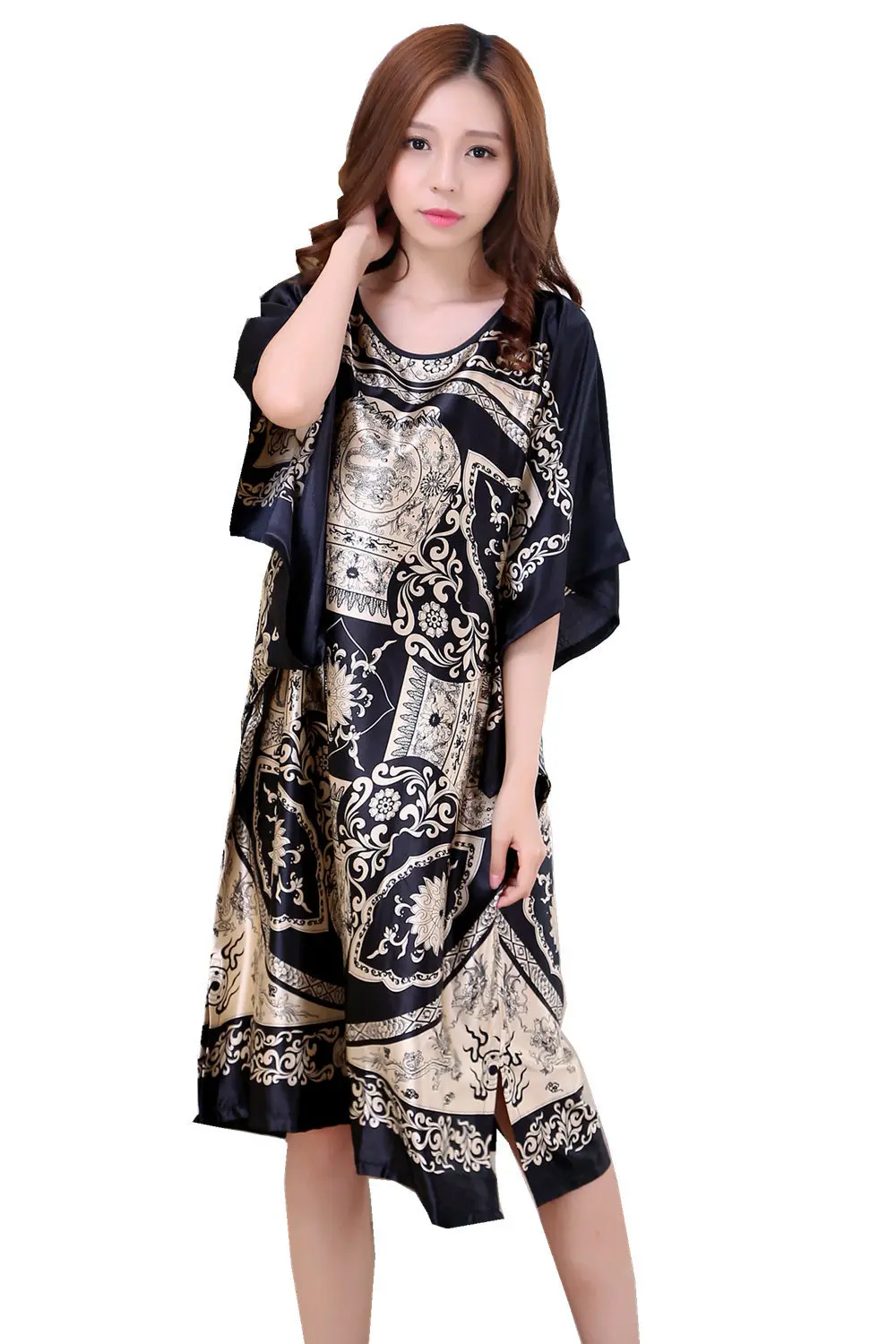 Plus Size Summer Women\'s Faux Silk Nigh Robe Black Lady Bath Gown Nightgown Bathrobe Sleepwear Mujer Pijama Flower Zh07C