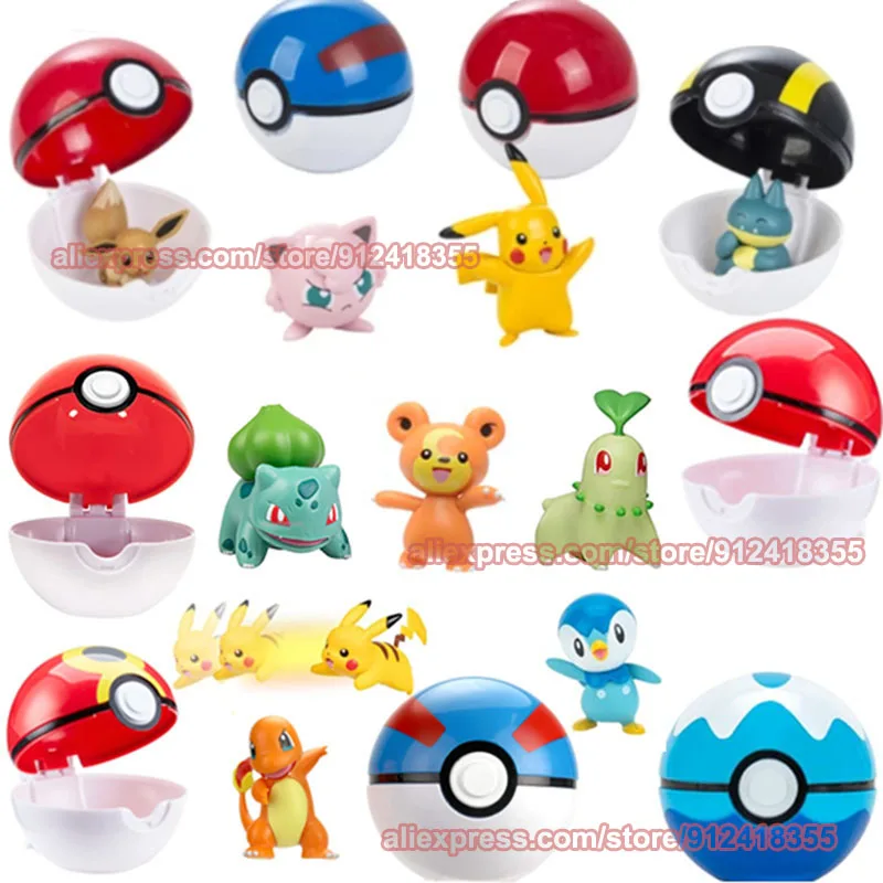 Anime Squirtle Pikachus Piplup Mimikyu Chikorita Eevee Charmander Cilp n Go Pokeball Pokemons Action Figure Dolls Toys Kids Gift