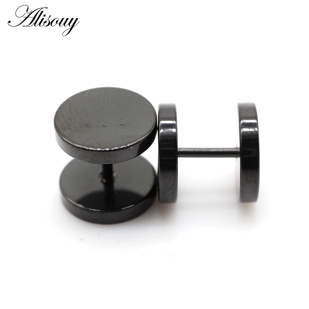 Alisouy 2pcs Gothic Stainless Steel Barbell Round Stud Earrings For Women Men Dumbbell Pierceing Earrings Punk Fashion Jewelry