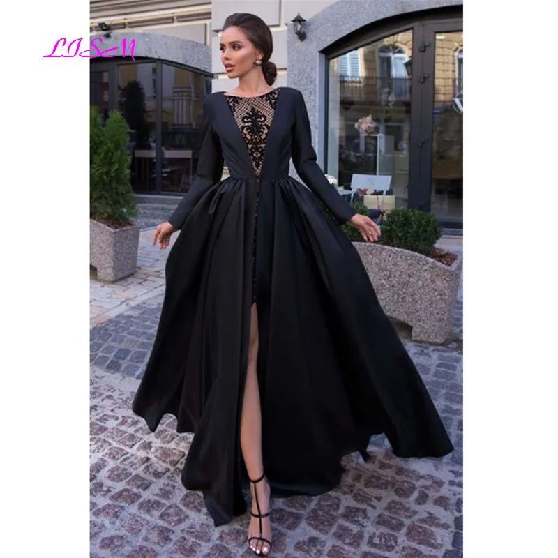 

Black A-Line Simple Women Evening Dresses Lace Satin Prom Party Gowns Sexy Front Split Long Sleeves vestido de noche