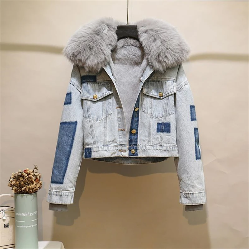 Autumn Winter New Patchwork Real Fox Fur Denim Jacket Female Real Rabbit Fur Liner Warm Parkas Detachable Fur Short Jacket Y719