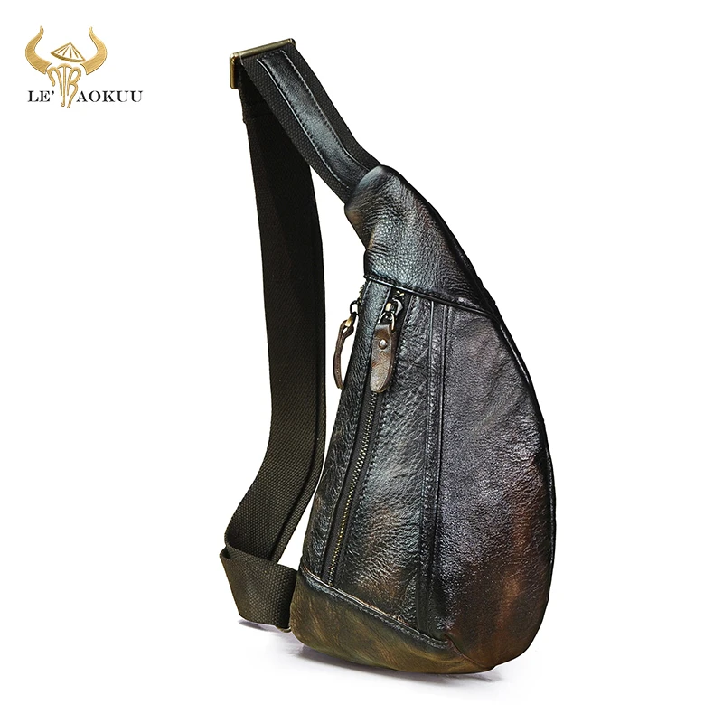 2021 Men Real Leather Vintage Coffee Triangle Chest Sling Bag 8