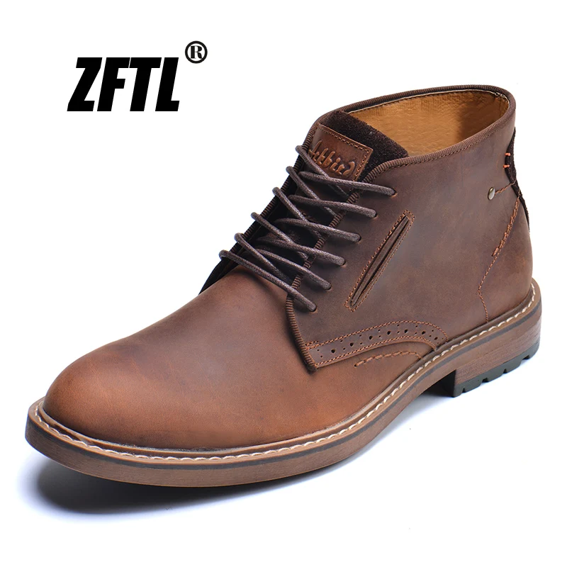 ZFTL NEW men\'s Basic boots crazy horse skin leather handmade men\'s lager size Casual shoes men\'s lace-up Ankle boots 2023 new