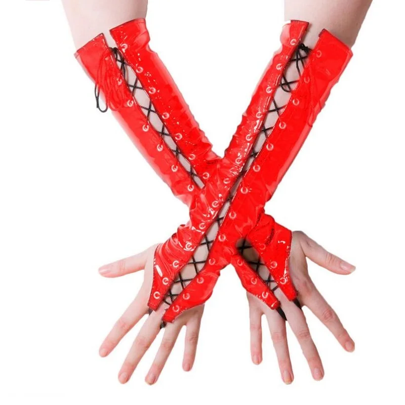 Ladies PVC Lace Up Long Fingerless Gloves Women Pole Dance Elbow Length Gloves Red Black Shiny Wetlook Vinyl Leather Gloves