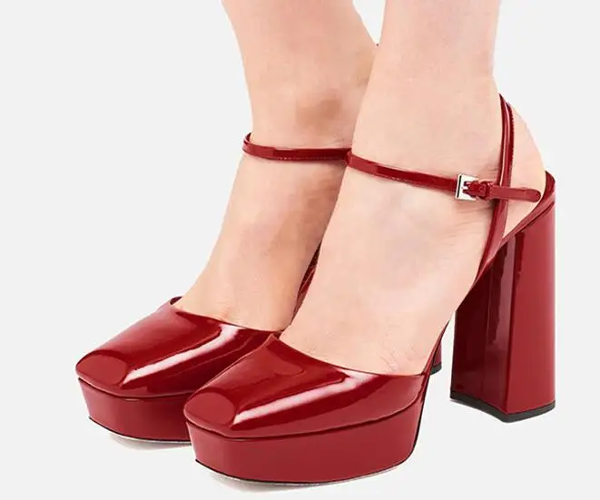 

Black Beige Red Patent Leather Buckle Strap Platform Sandals Closed Square Toe 11 cm Chunky Heels Party High Heel Sandals Woman