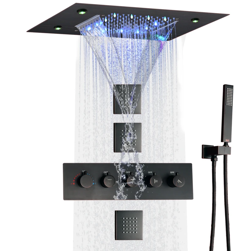 

DULABRAHE Oil Rubbed Bronze Thermostatic Rain Shower Faucet System 14 X 20 Inch LED Waterfall Rainfall Bathroom Shower Head