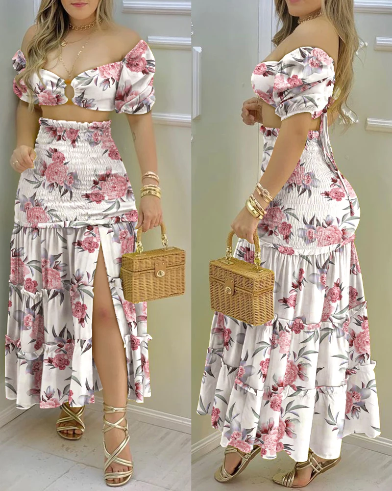 Commuting Style 2023 Fashion Holiday Floral Print O Neck Crop Top Shirr Slit High Waist Women Maxi Skirt Casual Sexy Sets